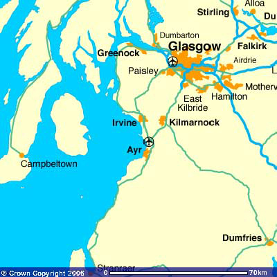 Map showing Ayr, Paisley and Dunbarton